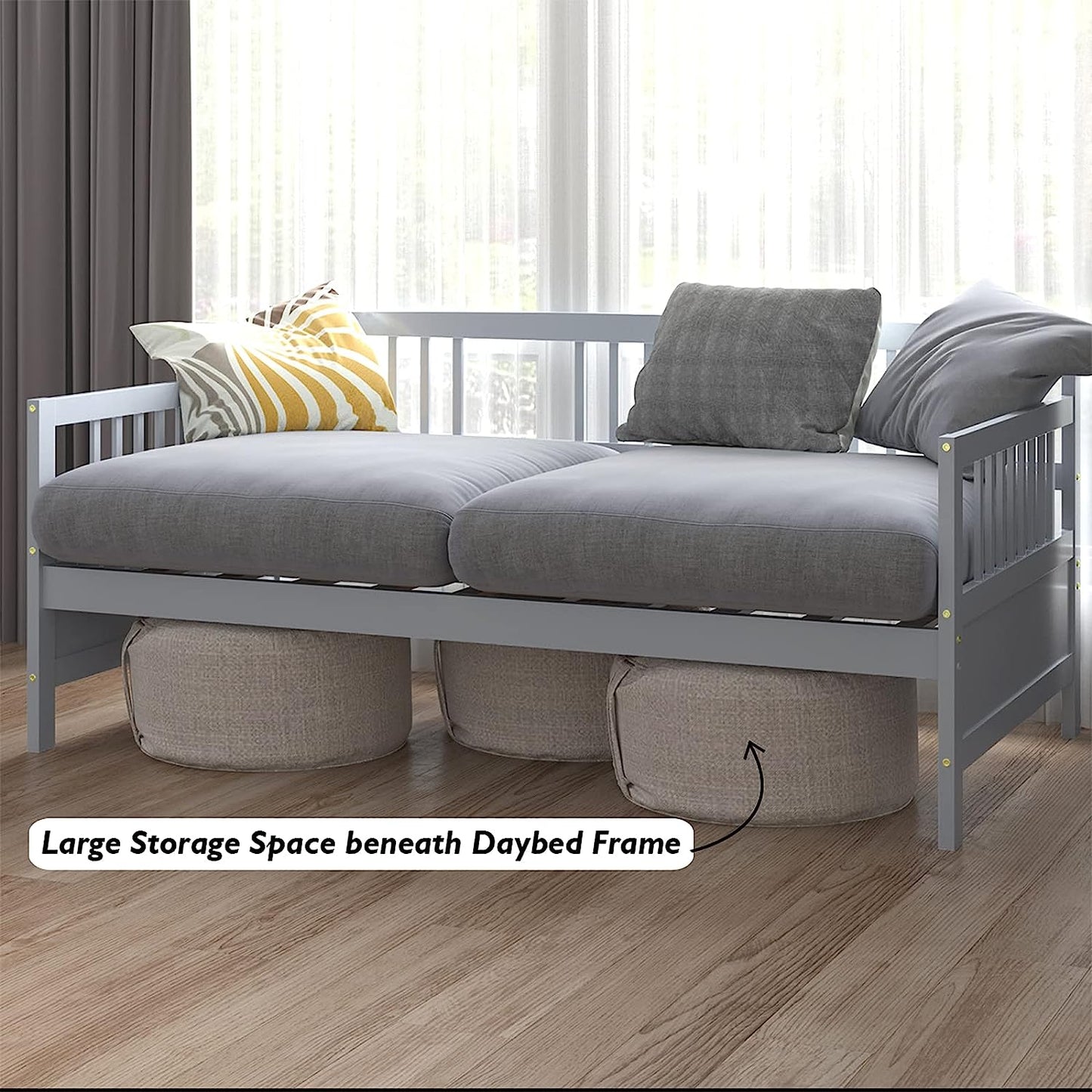 Twin Daybed Frame, Wooden Sofa Bed Guest Bed with Rails And Wood Slat Support, Dual use Twin Size Platform Bed Frame for Living Room Bedroom, No Box Spring Needed