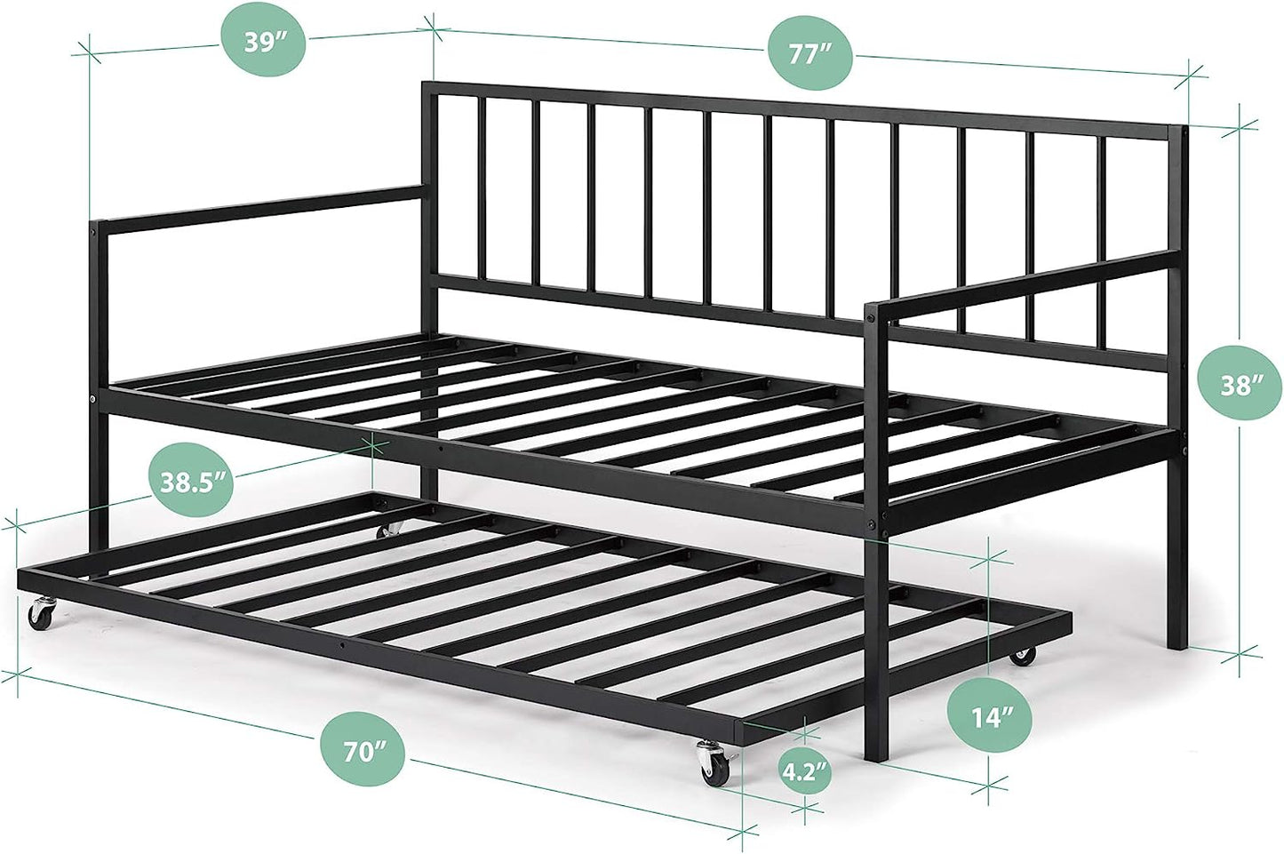 Metal Daybed with Trundle, Mattress Foundation with Steel Slat Support, Easy Assembly, Twin