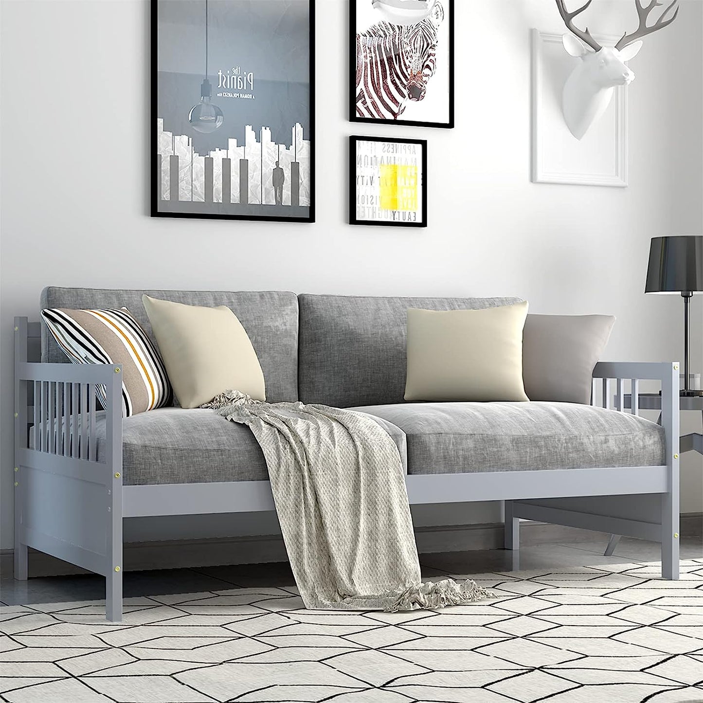 Twin Daybed Frame, Wooden Sofa Bed Guest Bed with Rails And Wood Slat Support, Dual use Twin Size Platform Bed Frame for Living Room Bedroom, No Box Spring Needed