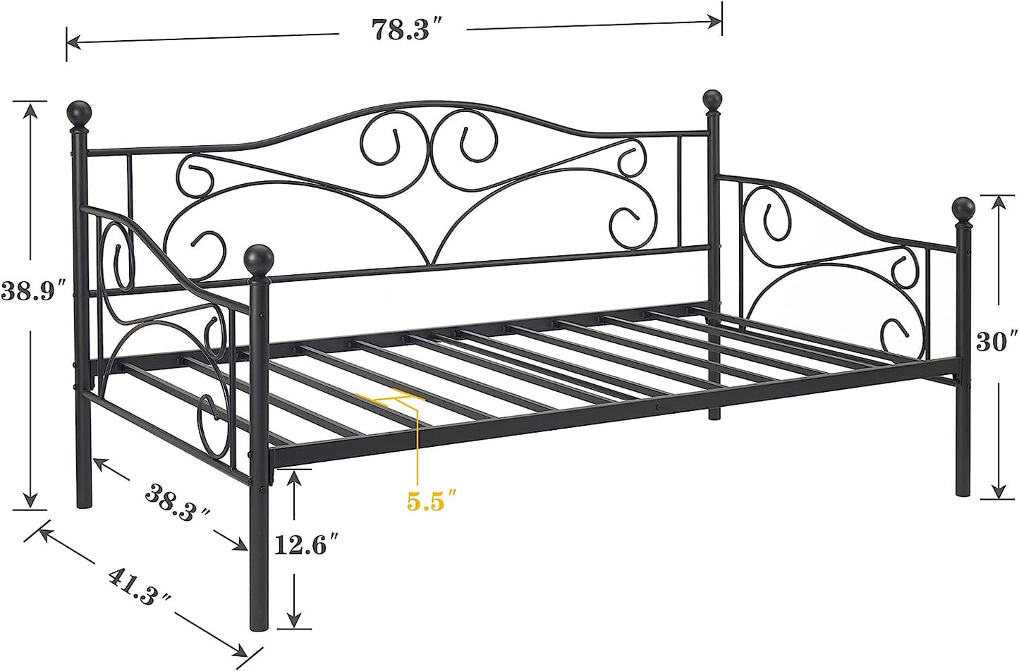 Premium Daybed Metal Bed Frame Twin Size Steel Slat Support, Strong Legs Headboard, Mattress Foundation, Multi-Functional Furniture