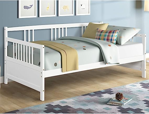 Twin Daybed Frame, Wooden Sofa Bed Guest Bed with Rails And Wood Slat Support, Dual use Twin Size Platform Bed Frame for Living Room Bedroom, No Box Spring Needed