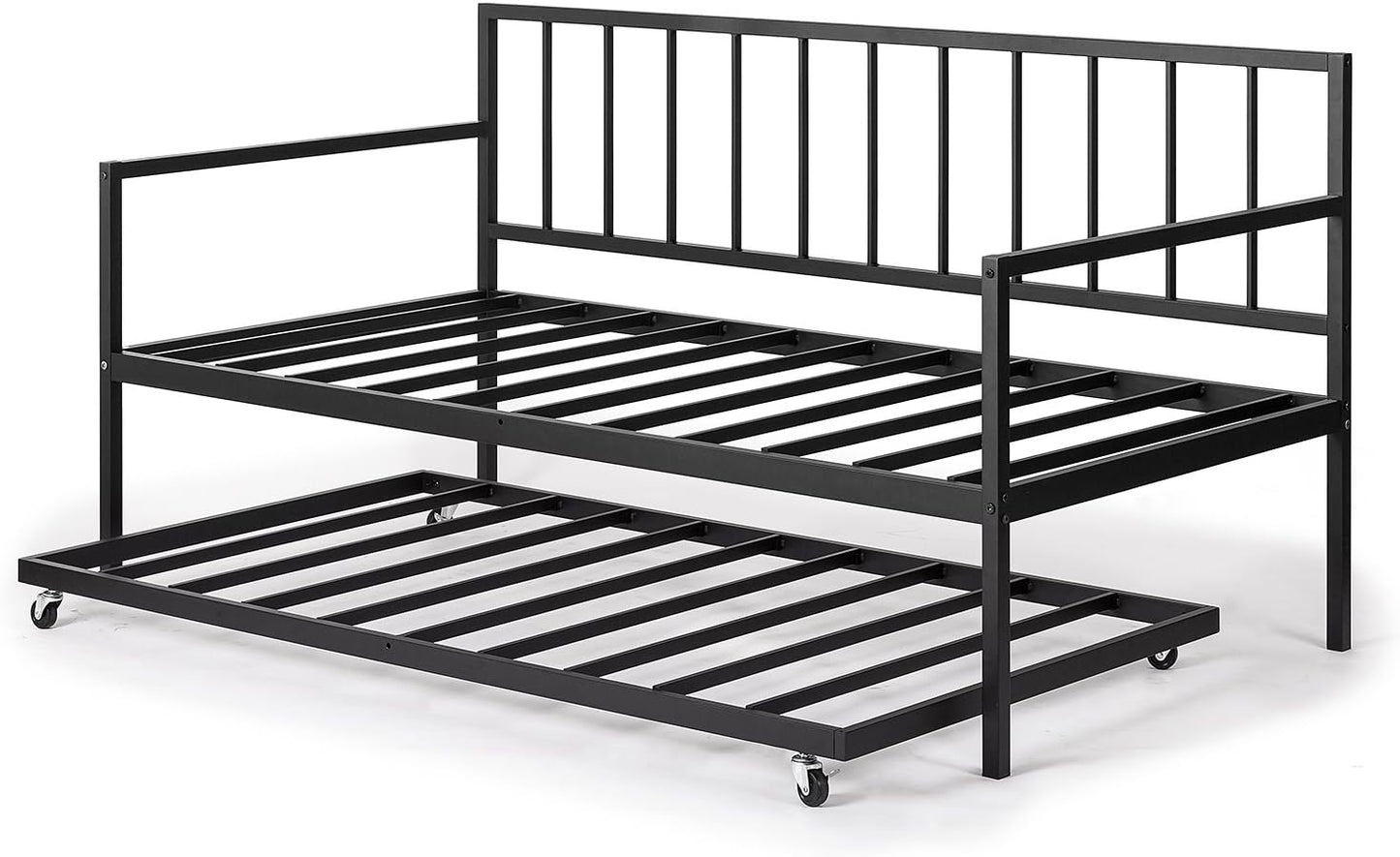 Metal Daybed with Trundle, Mattress Foundation with Steel Slat Support, Easy Assembly, Twin