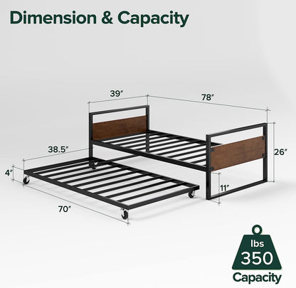 Suzanne Bamboo and Metal Daybed with Trundle, Mattress Foundation with Steel Slat Support, Easy Assembly, Twin