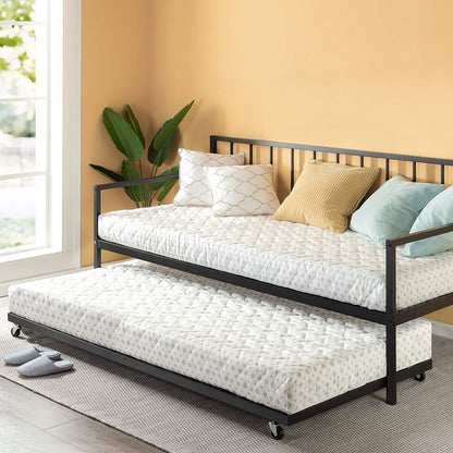 Metal Daybed with Trundle, Mattress Foundation with Steel Slat Support, Easy Assembly, Twin