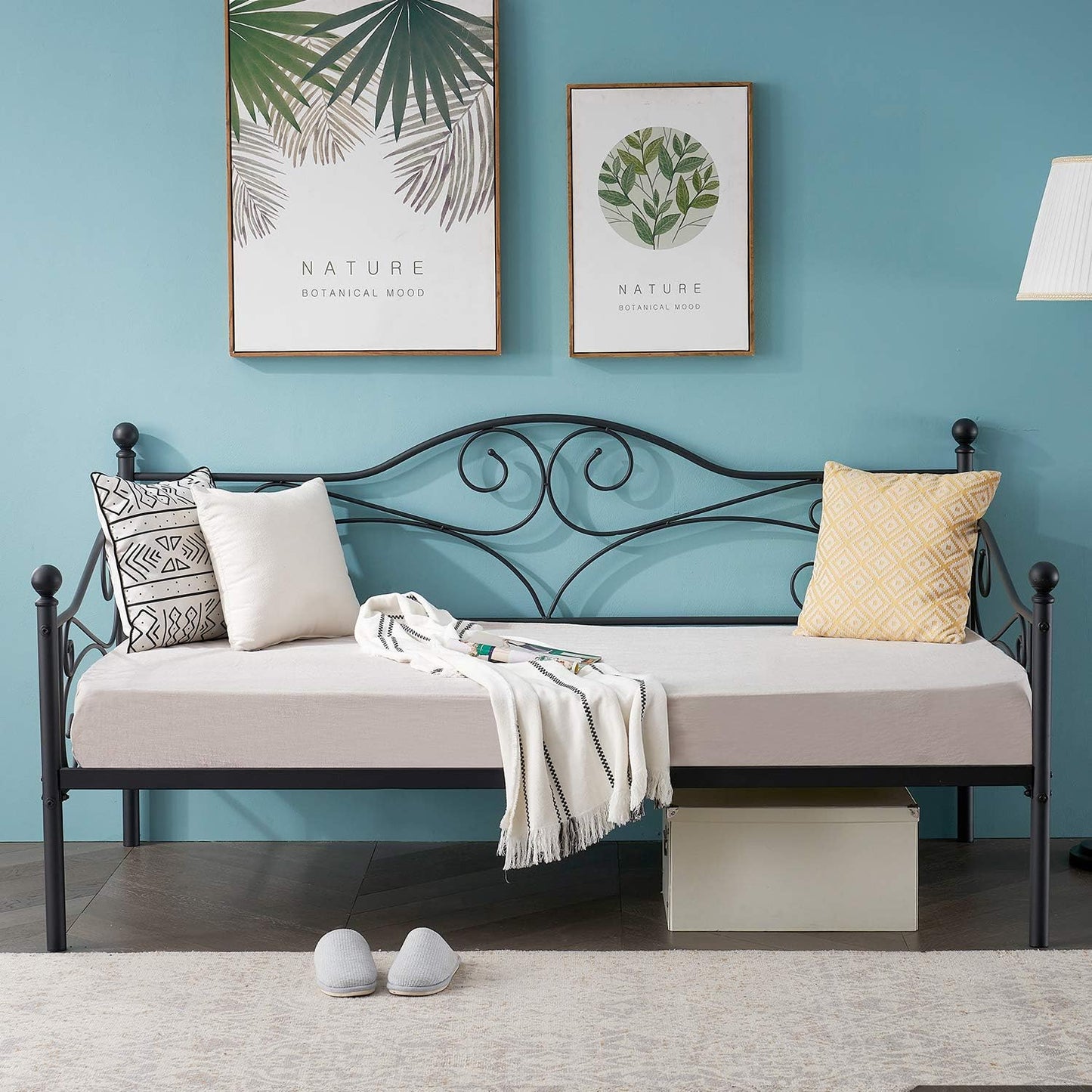 Premium Daybed Metal Bed Frame Twin Size Steel Slat Support, Strong Legs Headboard, Mattress Foundation, Multi-Functional Furniture