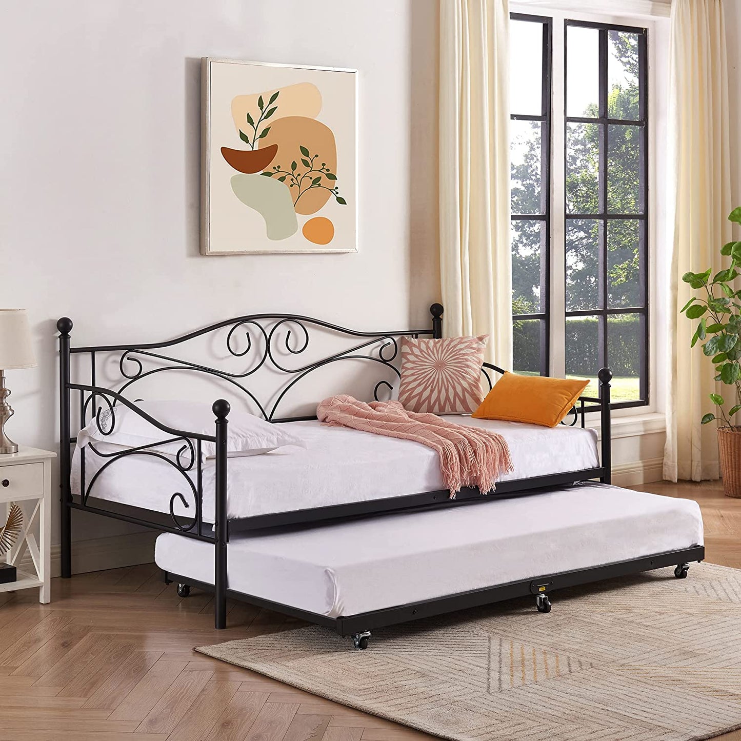 Premium Daybed Metal Bed Frame Twin Size Steel Slat Support, Strong Legs Headboard, Mattress Foundation, Multi-Functional Furniture