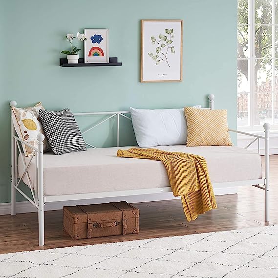 Metal Daybed Frame, Twin Size Mattress Foundational with Headboard, No Boxing Spring Needed, Multifunctional Bed for Living Room Guest Room