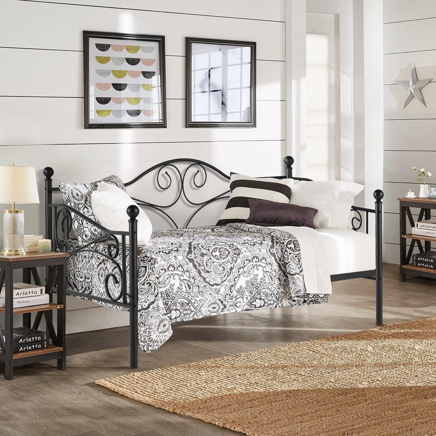 Premium Daybed Metal Bed Frame Twin Size Steel Slat Support, Strong Legs Headboard, Mattress Foundation, Multi-Functional Furniture