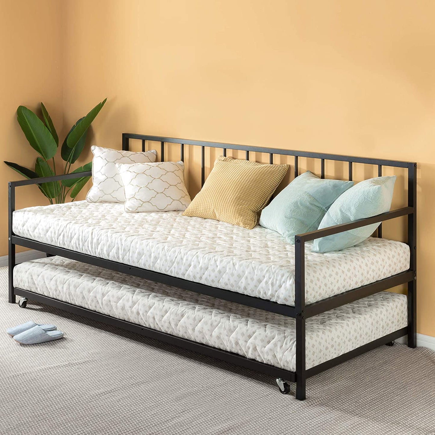 Metal Daybed with Trundle, Mattress Foundation with Steel Slat Support, Easy Assembly, Twin