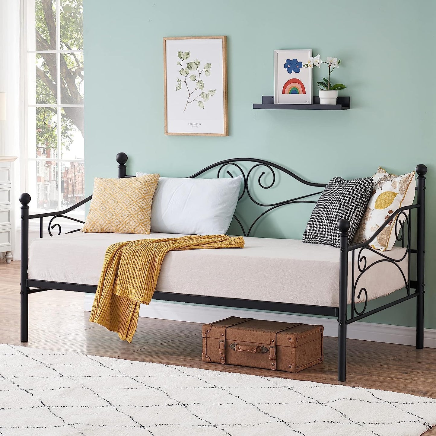 Premium Daybed Metal Bed Frame Twin Size Steel Slat Support, Strong Legs Headboard, Mattress Foundation, Multi-Functional Furniture