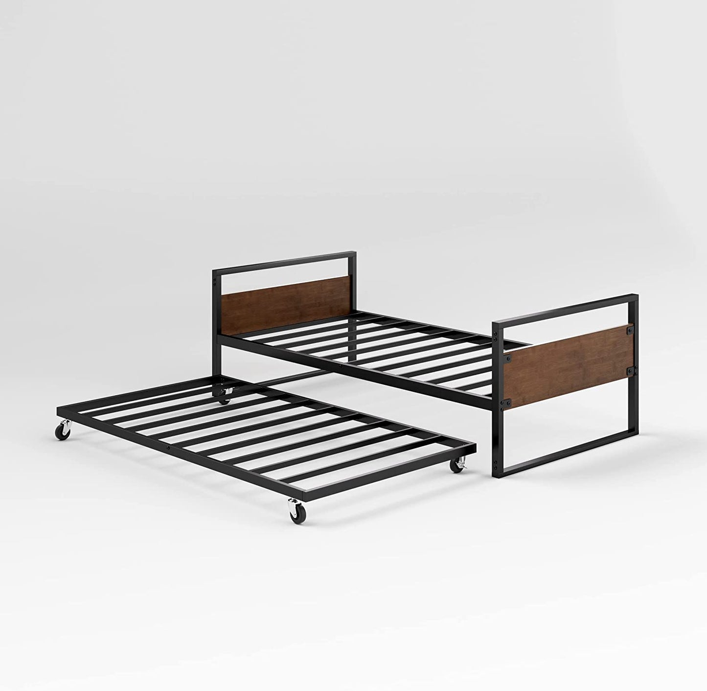 Suzanne Bamboo and Metal Daybed with Trundle, Mattress Foundation with Steel Slat Support, Easy Assembly, Twin