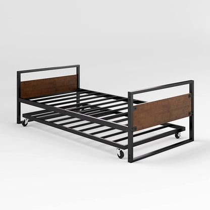 Suzanne Bamboo and Metal Daybed with Trundle, Mattress Foundation with Steel Slat Support, Easy Assembly, Twin